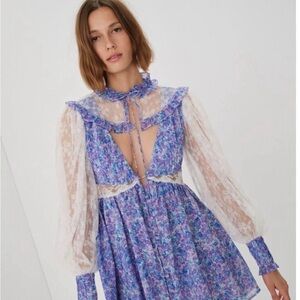 For Love and Lemons Floral Purple Dress with Sheer Sleeves